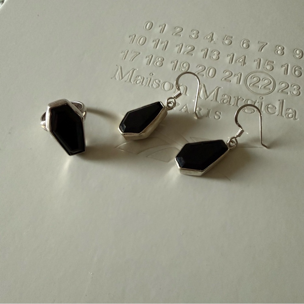 Sterling Silver and Onyx Coffin Shaped Earrings and Ring Set